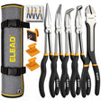 ELEAD 5-piece 11 inch long reach needle nose pliers set with straight, 45° and 90° bent jaws, magnetic racks and rolling pouch