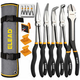 ELEAD 5-piece 11 inch long reach needle nose pliers set with straight, 45° and 90° bent jaws, magnetic racks and rolling pouch