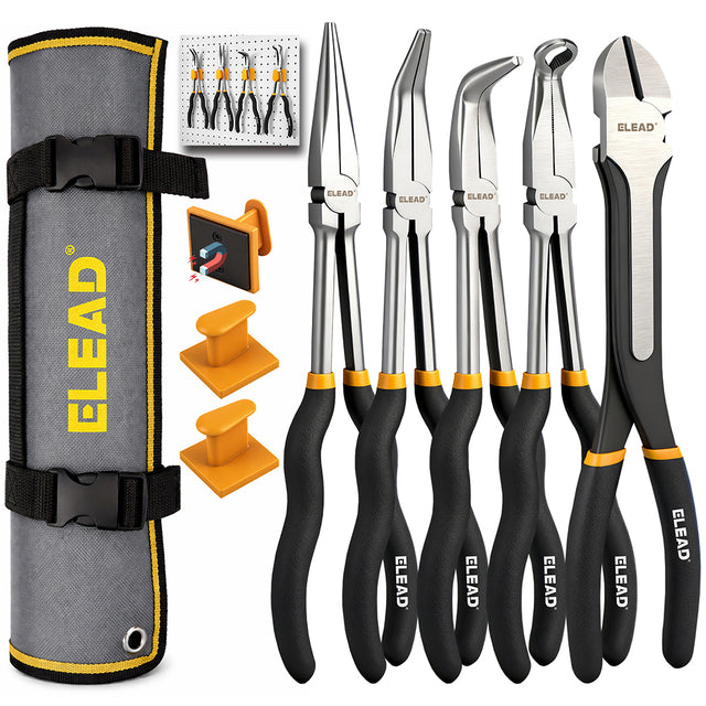 ELEAD 5-piece 11 inch long reach needle nose pliers set with straight, 45° and 90° bent jaws, magnetic racks and rolling pouch