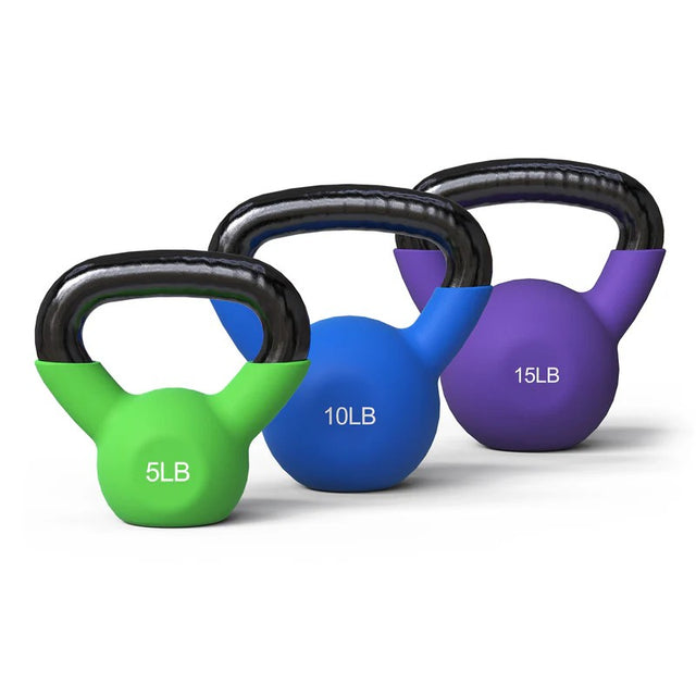 vinyl coated kettlebell weights in 5LB, 10LB and 15LB options with wide grip handles for home gym strength training, squats and full body workouts