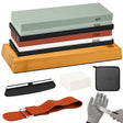 10-piece knife sharpening stone kit with 400/1000 and 3000/8000 grit whetstones, bamboo base, rubber bases, angle guide, Nagura stone, leather strop, cleaning towel and cut resistant gloves