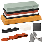 10-piece knife sharpening stone kit with 400/1000 and 3000/8000 grit whetstones, bamboo base, rubber bases, angle guide, Nagura stone, leather strop, cleaning towel and cut resistant gloves