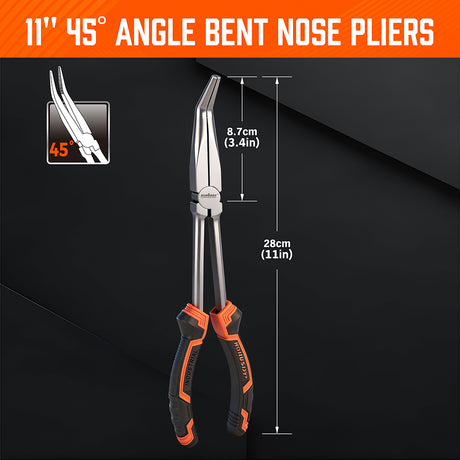 HORUSDY 3 piece 11 inch long reach pliers set including straight 0 degree 45 degree and 90 degree bent nose pliers with TPR handle
