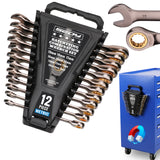 12-piece metric ratcheting wrench set with CR-V steel, 72-tooth design and magnetic storage rack