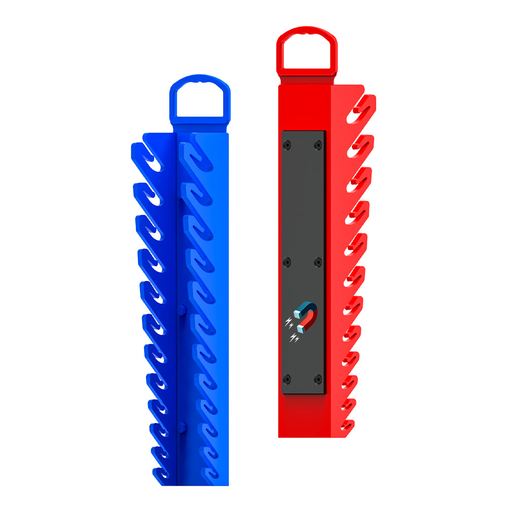 SWANLAKE magnetic wrench organiser with 12 slots and rare-earth magnets, heavy-duty holders for SAE and metric wrenches in red and blue for wall or toolbox mounting