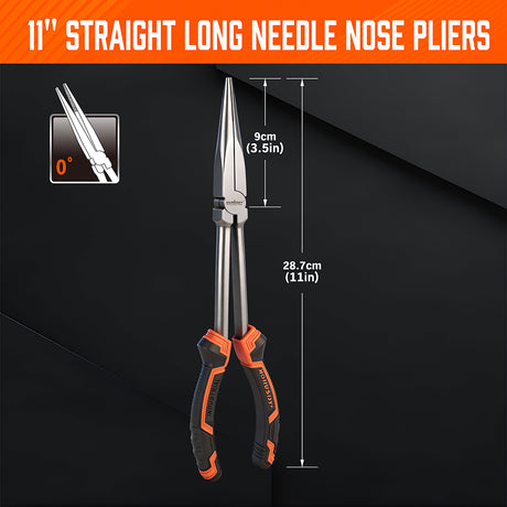 HORUSDY 3 piece 11 inch long reach pliers set including straight 0 degree 45 degree and 90 degree bent nose pliers with TPR handle