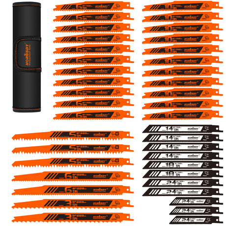 40 piece reciprocating saw blades set with organizer pouch for wood cutting, metal cutting, pruning, demolition and general purpose Sawzall applications