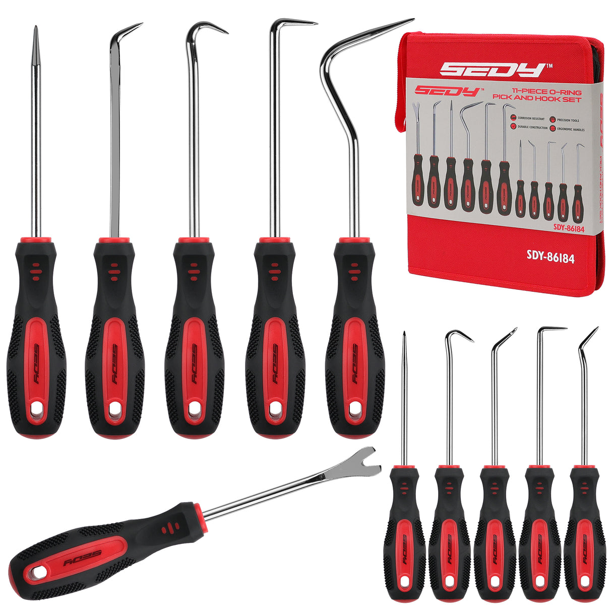11-piece O-ring pick and hook set with CR-V hooks and red carry pouch