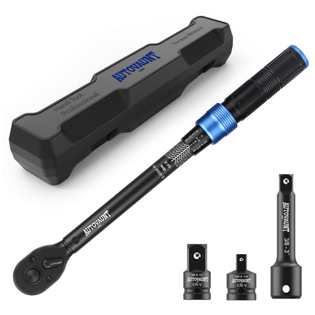 3/8 inch drive click torque wrench with 5-45 ft-lb and 6.8-61 Nm dual scale, 72-tooth reversible ratchet, 3-inch extension bar, 3/8 to 1/4 and 3/8 to 1/2 adapters, storage case and inspection certificate