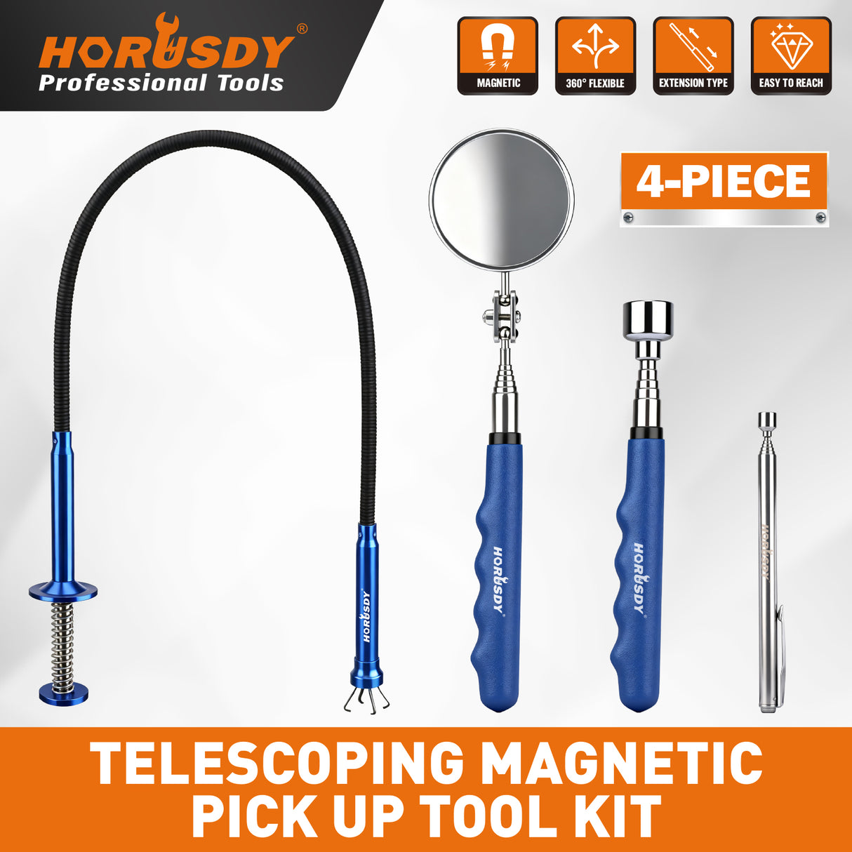 4-piece telescoping magnetic pickup tool kit with inspection mirror, flexible grabber and strong magnets