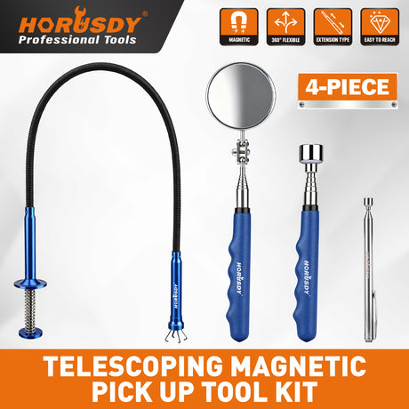4-piece telescoping magnetic pickup tool kit with inspection mirror, flexible grabber and strong magnets