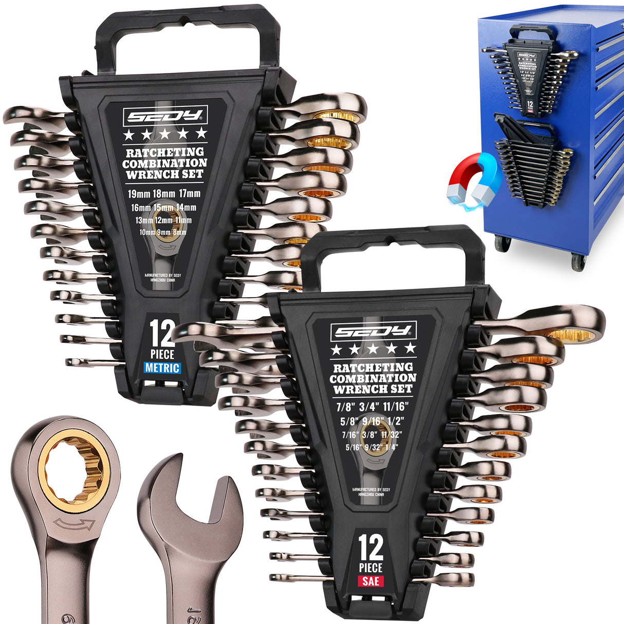 SEDY 24-piece metric and SAE ratcheting combination wrench set with CR-V steel and magnetic storage racks
