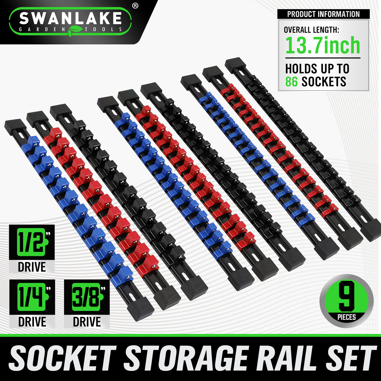 9-piece socket storage rail set with 1/4, 3/8 and 1/2 inch drive clips, ABS socket organizer rails for toolbox wall and workbench storage