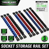 9-piece socket storage rail set with 1/4, 3/8 and 1/2 inch drive clips, ABS socket organizer rails for toolbox wall and workbench storage