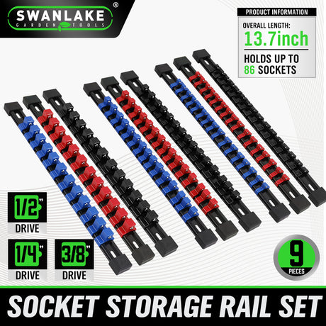 9-piece socket storage rail set with 1/4, 3/8 and 1/2 inch drive clips, ABS socket organizer rails for toolbox wall and workbench storage