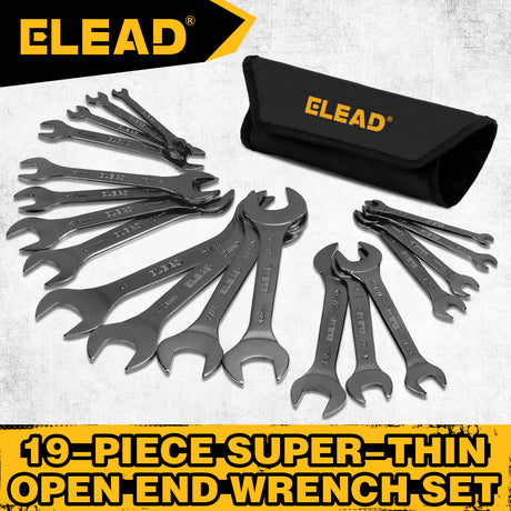 19-piece super-thin open end wrench set with 3mm slim profile, SAE and metric sizes, chrome vanadium steel construction, four-point open ends, and rolling tool pouch