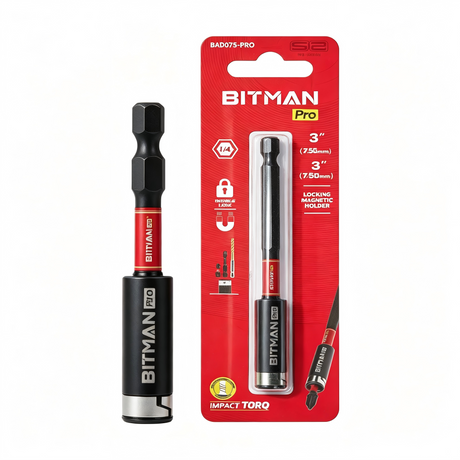 1/4 inch impact magnetic bit holder with quick change hex shank, double locking mechanism, strong magnetic tip and torsion zone, available in 2.5 inch, 3 inch and 6 inch lengths for impact drivers and power drills.