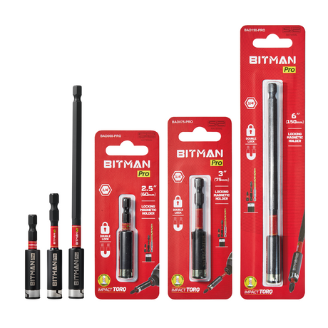 1/4 inch impact magnetic bit holder with quick change hex shank, double locking mechanism, strong magnetic tip and torsion zone, available in 2.5 inch, 3 inch and 6 inch lengths for impact drivers and power drills.