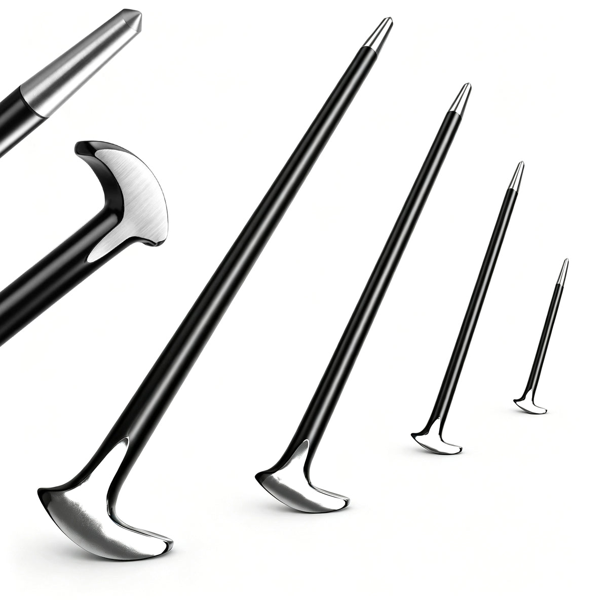 Set of four heavy-duty pry bars in various sizes, crafted from drop-forged hardened steel with a durable baked enamel finish. Each bar features a slim tapered end with a fine point tip for aligning parts and a rolling head hook end for enhanced leverage