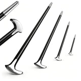 Set of four heavy-duty pry bars in various sizes, crafted from drop-forged hardened steel with a durable baked enamel finish. Each bar features a slim tapered end with a fine point tip for aligning parts and a rolling head hook end for enhanced leverage