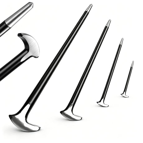Set of four heavy-duty pry bars in various sizes, crafted from drop-forged hardened steel with a durable baked enamel finish. Each bar features a slim tapered end with a fine point tip for aligning parts and a rolling head hook end for enhanced leverage