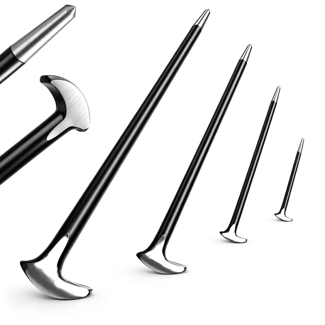 Set of four heavy-duty pry bars in various sizes, crafted from drop-forged hardened steel with a durable baked enamel finish. Each bar features a slim tapered end with a fine point tip for aligning parts and a rolling head hook end for enhanced leverage