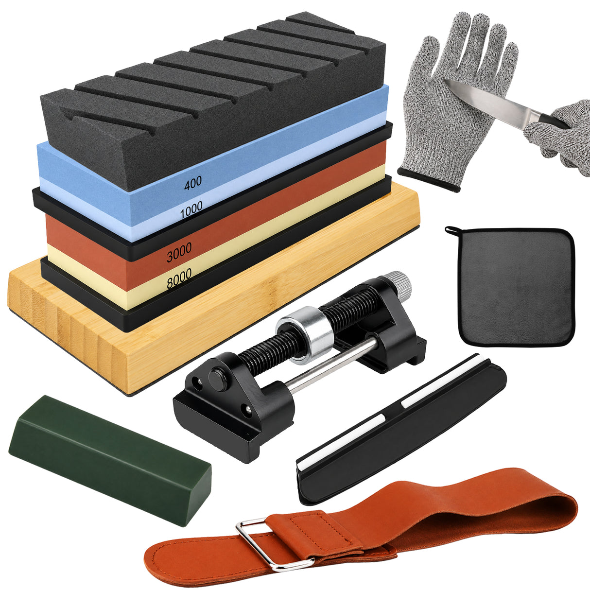 12-piece knife sharpening stone kit with 400/1000 and 3000/8000 grit whetstones, bamboo base, angle guide, honing guide, flattening stone, leather strop, green polishing compound and cut resistant gloves