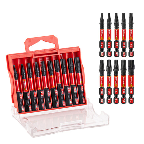 10-piece 2-inch Torx impact bit set with T7, T8, T9, T10, T15, T20, T25, T27, T30 and T40 magnetic S2 steel power bits, torsion zones and compact storage case.