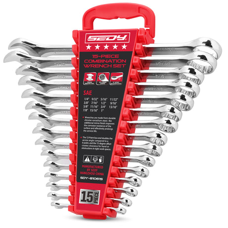 15-piece SAE combination wrench set with CR-V steel open end and 12-point box end wrenches in portable storage tray