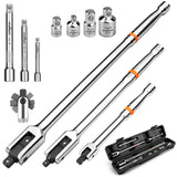 HORUSDY 10-piece dual drive breaker bar set with 360-degree flex head, extensions, adapters, and storage case