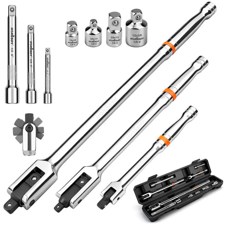 HORUSDY 10-piece dual drive breaker bar set with 360-degree flex head, extensions, adapters, and storage case