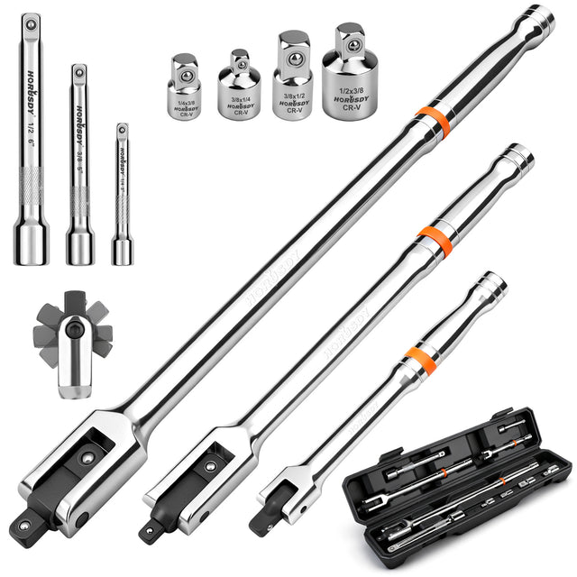 HORUSDY 10-piece dual drive breaker bar set with 360-degree flex head, extensions, adapters, and storage case