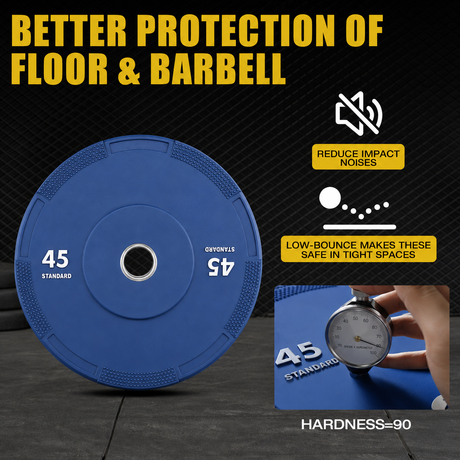 Olympic bumper plates set with low-bounce rubber, steel inserts, textured grip edges and IWF color-coded weight options for barbell training