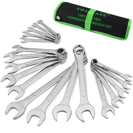 19-piece metric combination wrench set with CR-V steel spanners, 12-point box end design and roll-up storage pouch for automotive and mechanical repair