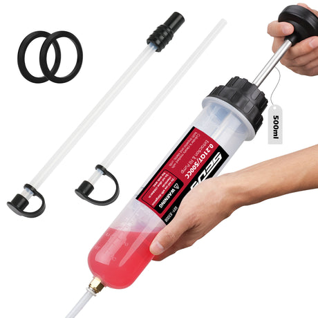 500cc manual fluid extractor and fill pump with transparent cylinder, dual rubber seals, extension hoses, no-drip caps and adapters for automotive oil, coolant, brake fluid and transmission fluid