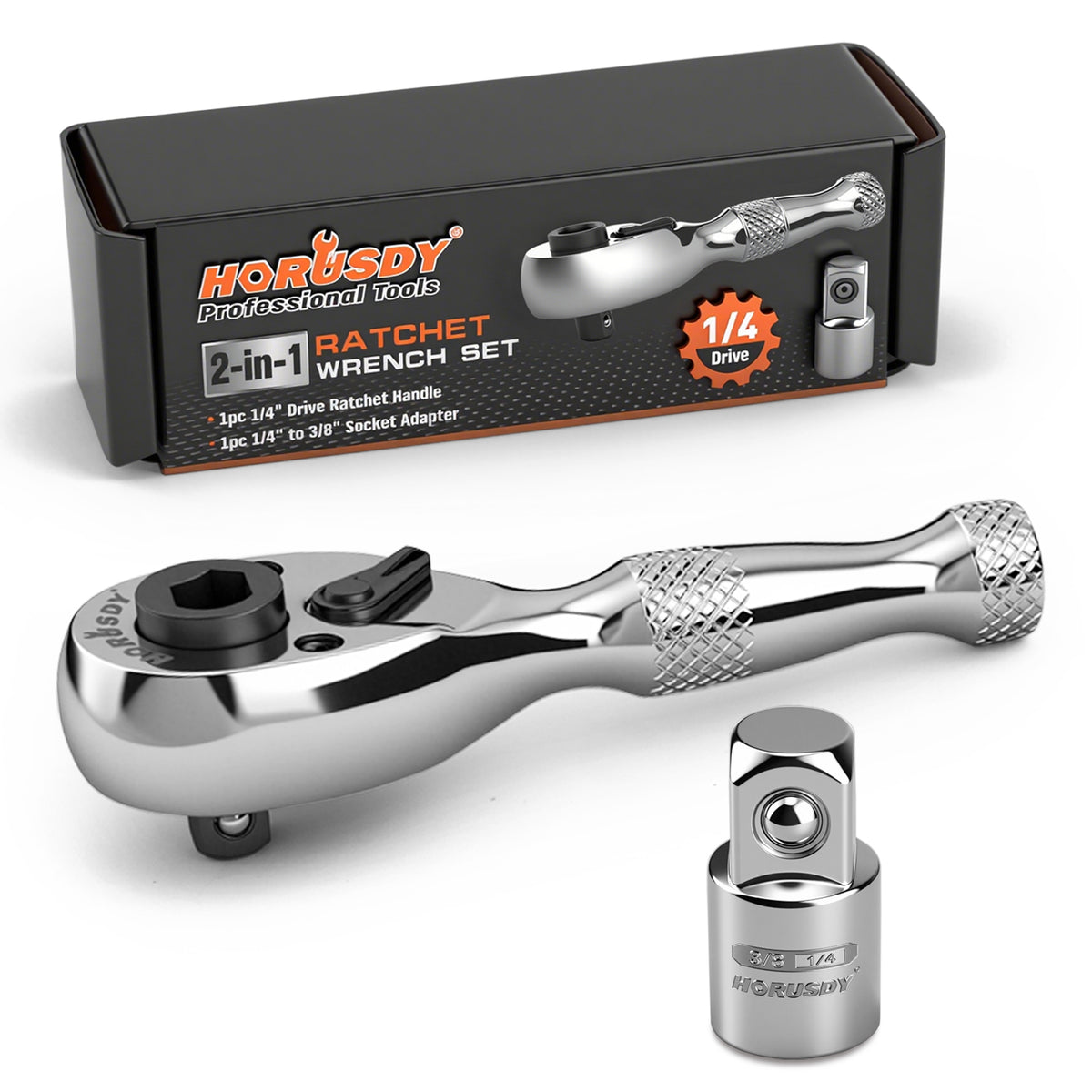 2-in-1 1/4 inch drive mini ratchet wrench with 90-tooth 4-degree swing, magnetic bit driver and 1/4 to 3/8 socket adapter