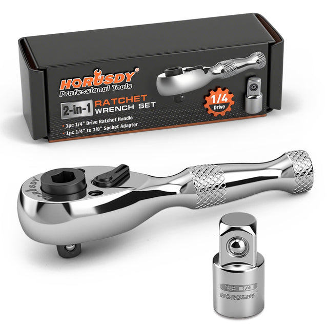 2-in-1 1/4 inch drive mini ratchet wrench with 90-tooth 4-degree swing, magnetic bit driver and 1/4 to 3/8 socket adapter
