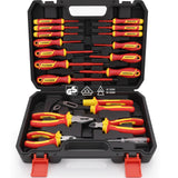 18-piece insulated electrician tool set with 1000V VDE screwdrivers, insulated pliers, voltage tester and storage case