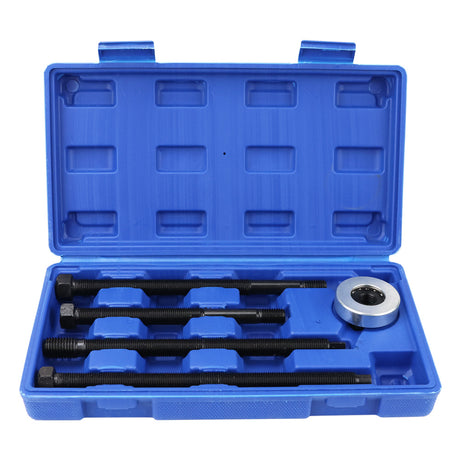 5-piece harmonic balancer installer tool kit with long bolts and bearing, fits Ford and Dodge engines, includes blue blow-moulded storage case