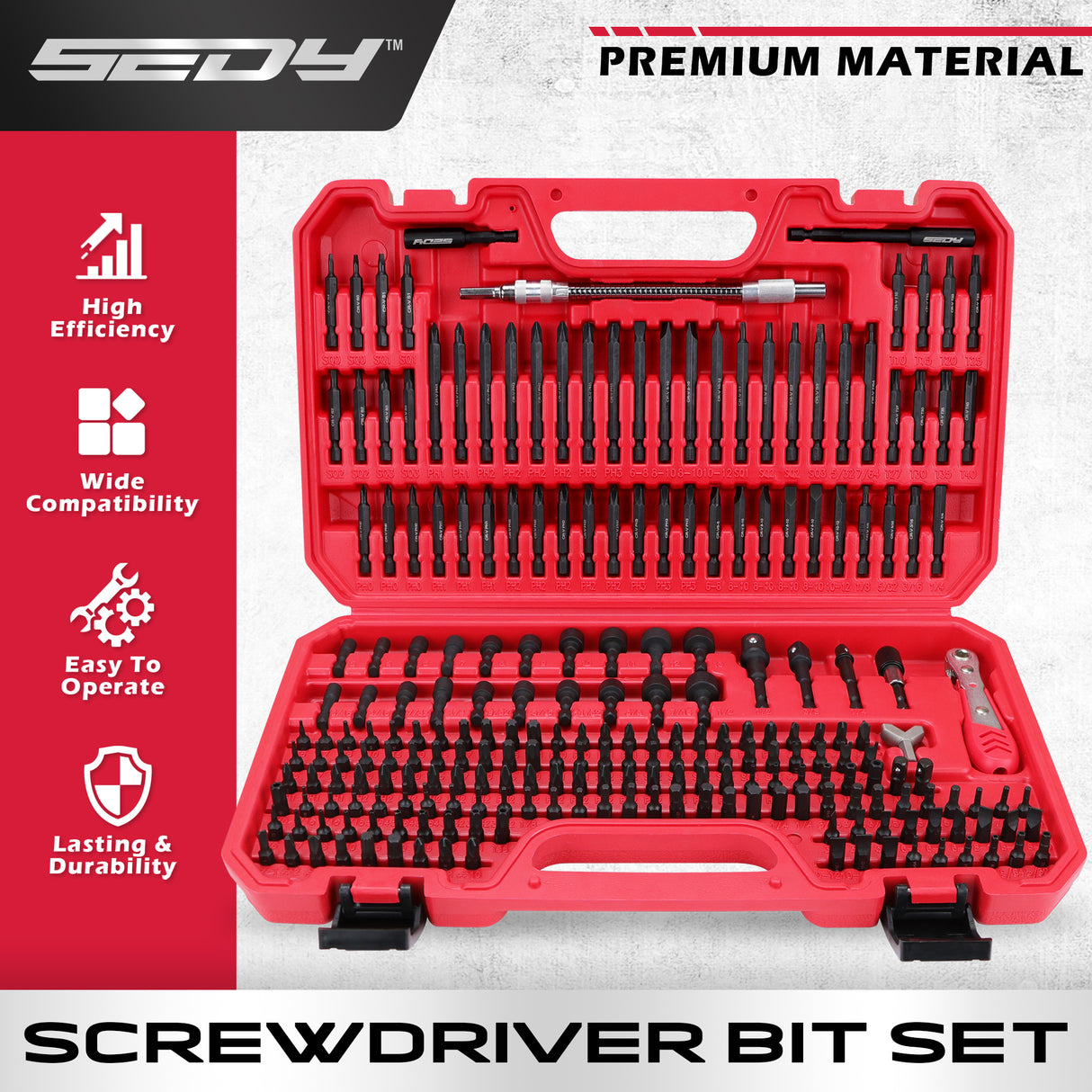 232-piece CR-V screwdriver bit set with security bits, SAE and metric nut drivers, ratchet wrench, magnetic bit holders, flexible shaft and red carry case