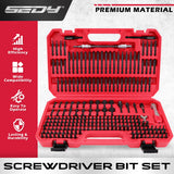 232-piece CR-V screwdriver bit set with security bits, SAE and metric nut drivers, ratchet wrench, magnetic bit holders, flexible shaft and red carry case
