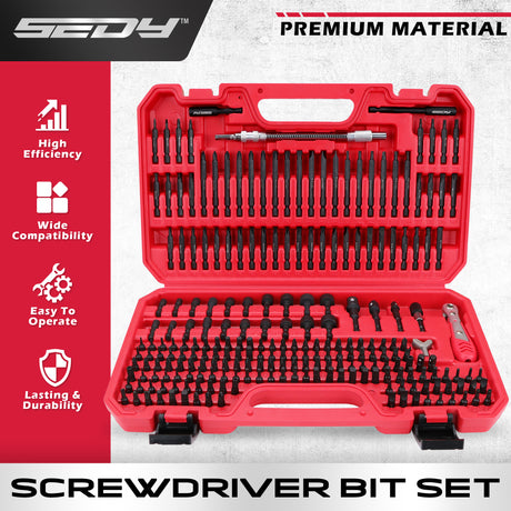 232-piece CR-V screwdriver bit set with security bits, SAE and metric nut drivers, ratchet wrench, magnetic bit holders, flexible shaft and red carry case