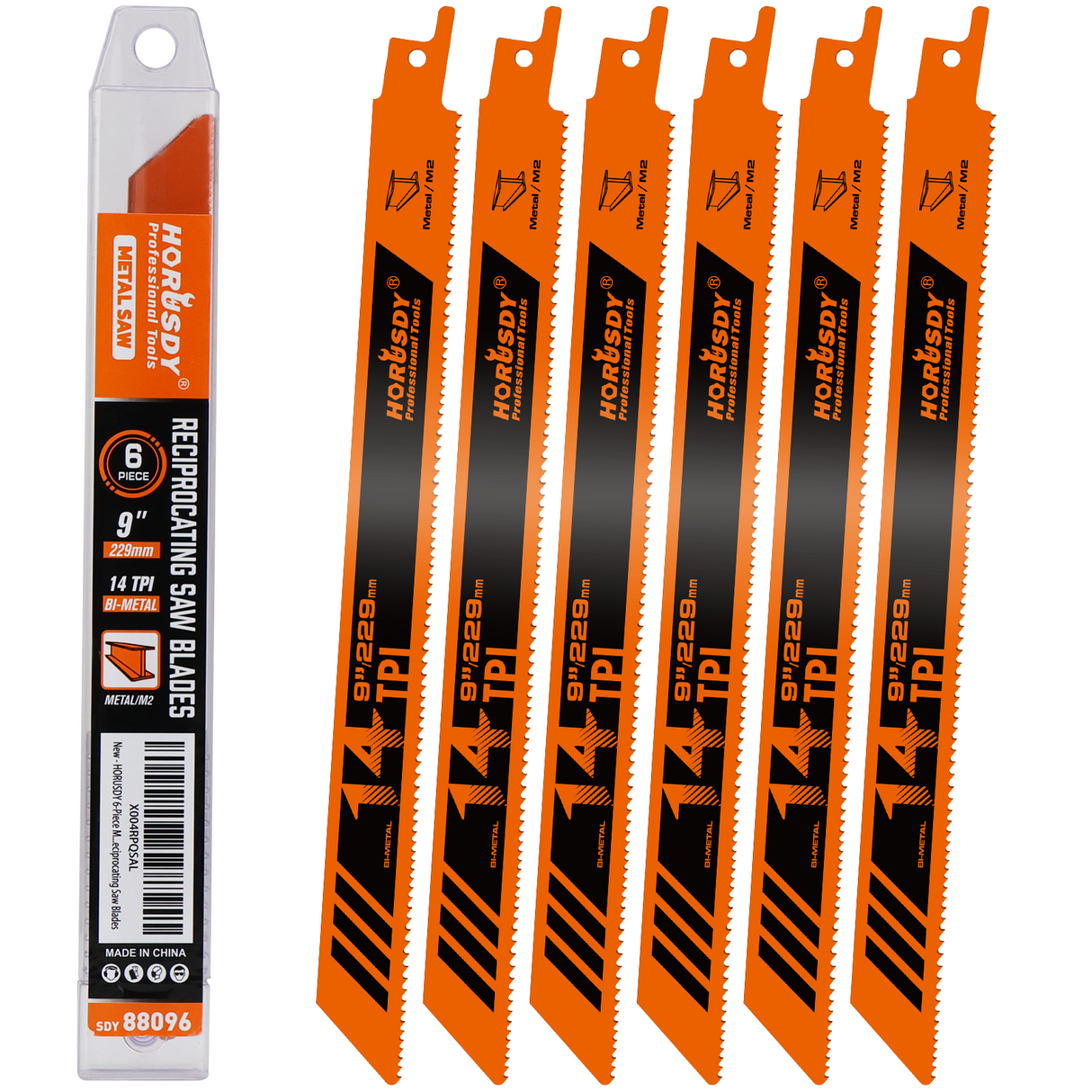 6-piece 9-inch 14TPI bi-metal reciprocating saw blades for cutting metal pipe, rebar, sheet metal and steel plates