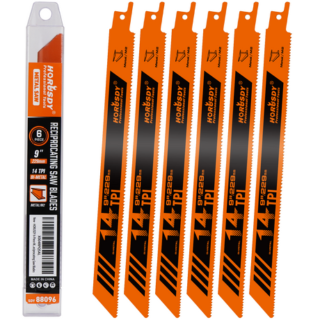 6-piece 9-inch 14TPI bi-metal reciprocating saw blades for cutting metal pipe, rebar, sheet metal and steel plates