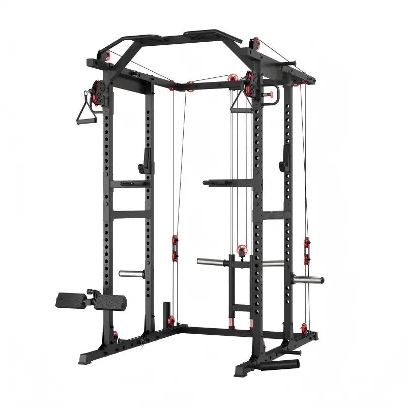 multi-function power cage power rack with cable crossover, lat pulldown, low row station and gym attachments for home strength training