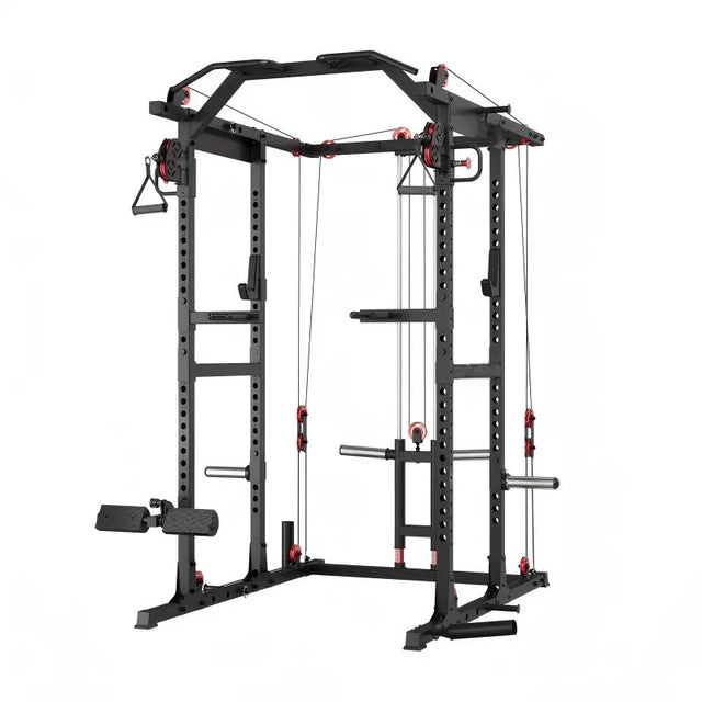 multi-function power cage power rack with cable crossover, lat pulldown, low row station and gym attachments for home strength training