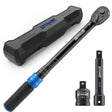 1/2 inch drive click torque wrench with 10-170 ft-lb and 13.6-230.5 Nm dual scale, 72-tooth reversible ratchet, 5-inch extension bar, 1/2 to 3/8 adapter, storage case and inspection certificate for automotive, truck and motorcycle maintenance