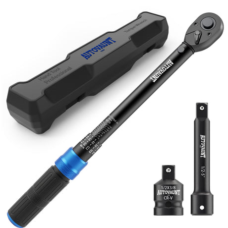 1/2 inch drive click torque wrench with 10-170 ft-lb and 13.6-230.5 Nm dual scale, 72-tooth reversible ratchet, 5-inch extension bar, 1/2 to 3/8 adapter, storage case and inspection certificate for automotive, truck and motorcycle maintenance