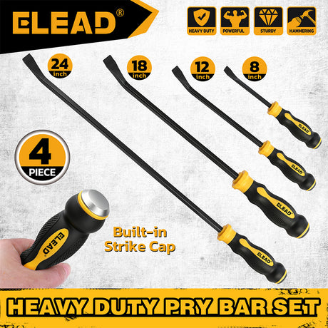 4-piece heavy duty pry bar set with 8, 12, 18 and 24 inch CR-V steel pry bars, angled tips, strike caps and TPR handles
