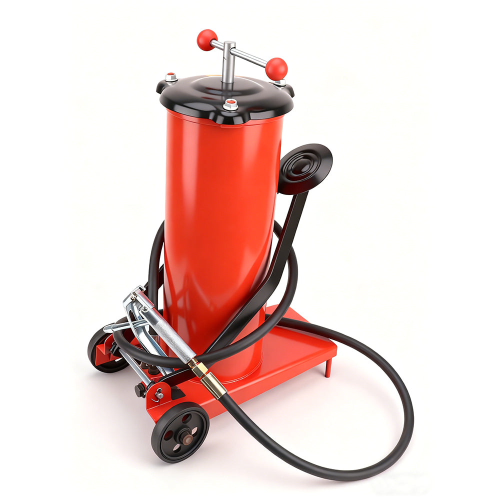 8L foot-operated grease injector with heavy-duty hose and metal grease nozzle